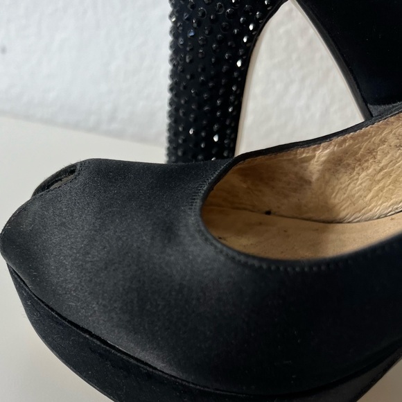 8.5 Michael Kors Satin Rhinestone Studded Heel Woman's Peep Toe Black Shoe Pumps - Picture 10 of 12